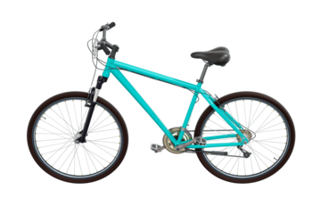 Blue teal bicycle, side view. Black leather saddle and handles. Png clipart isolated on transparent background