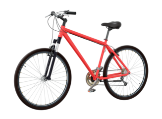 Red bicycle, side front view. Black leather saddle and handles. Png clipart isolated on transparent background