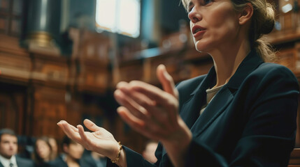 Female lawyer speaking during a trial in a courtroom - Powered by Adobe
