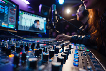 Presenters or moderators - man and woman - in radio station hosting show for radio live in Studio
