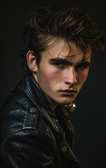 Obraz premium A young man with spiky hair wearing a black leather jacket, against a dark background.