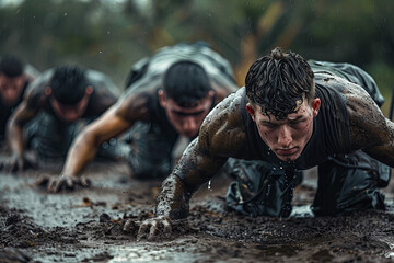 You've gotta push through the pain. Shot of a group of men doing push-ups at a military bootcamp