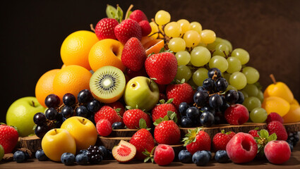 There is a pile of fruit on a wooden table against a dark background. There are apples, grapes, strawberries, blueberries, raspberries, and blackberries.

