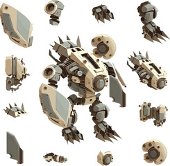 Disassembled robot mech style concept illustration. Indie game design vector graphics.