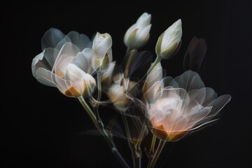 Abstract flowers, white buds, double exposure on a black background.