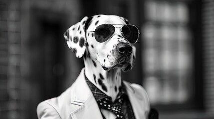 Dalmatian dog wearing sunglasses and a white blazer. Urban pet portrait with soft bokeh background. Stylish and modern concept. Design for poster, greeting card