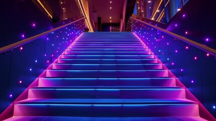 a set of stairs with purple and blue lights on them