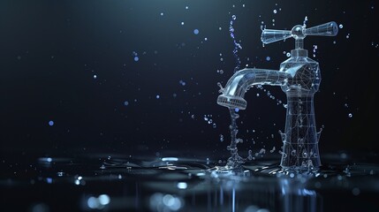 Water splashes out of a faucet in polygonal modeling style.