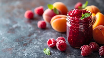 A jar of raspberry jam surrounded by raspberries and apricots on a table