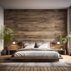 Interior of modern bedroom with wooden walls, wooden floor and comfortable king size bed with white linen. 3d rendering
