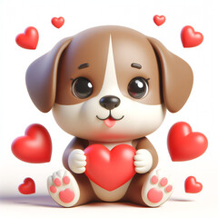 3D funny puppy cartoon with hearts for Valentine's Day