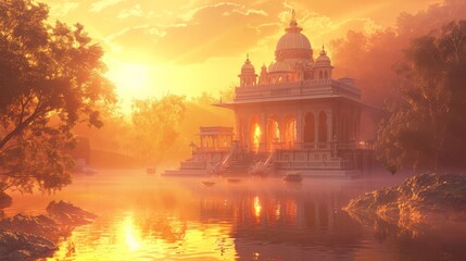 Obraz premium Serene Brahma temple at sunrise, the golden light reflecting the spiritual ambiance of the place