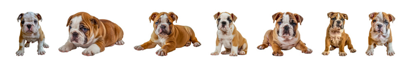 Obraz premium Set of English bulldog puppies in various poses isolated transparent PNG background