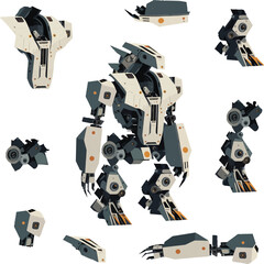 Disassembled robot mech style concept illustration. Indie game design vector graphics.