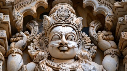 Sandstone relief of Brahma from a historic Indian temple, showcasing traditional architectural art