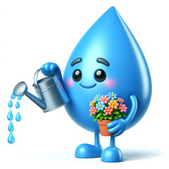 Water drop cartoon watering flowers. Draws attention to climate change and water scarcity. World Water Day