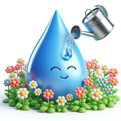 Water drop cartoon watering flowers. Draws attention to climate change and water scarcity. World Water Day