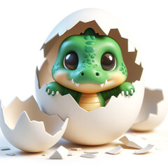3D funny crocodile cartoon in broken eggshell, on white background