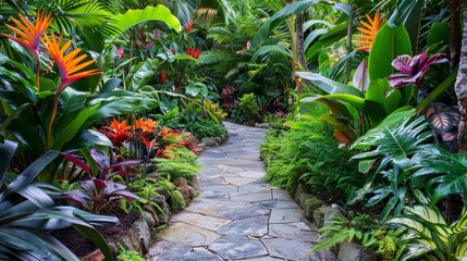 Rustic stone pathway leading through a lush garden filled with an array of tropical plants and...