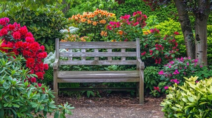 Quaint wooden bench nestled among vibrant flowering bushes in a lush garden, inviting tranquility
