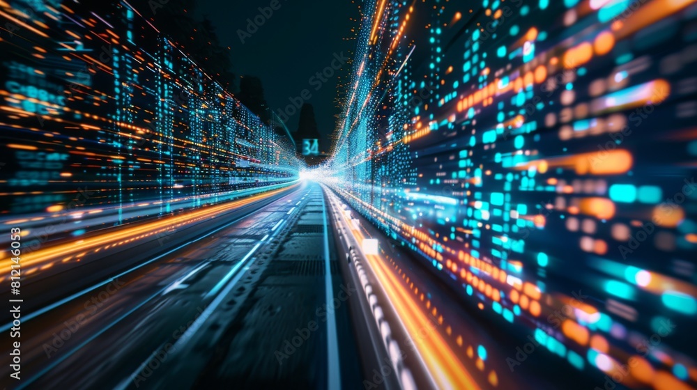 Leinwandbilder digital data flow on road with motion blur to create vision of fast speed transfer . concept of futu
