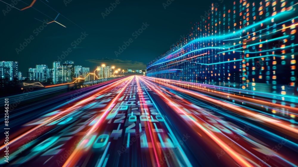 Poster digital data flow on road with motion blur to create vision of fast speed transfer . concept of futu