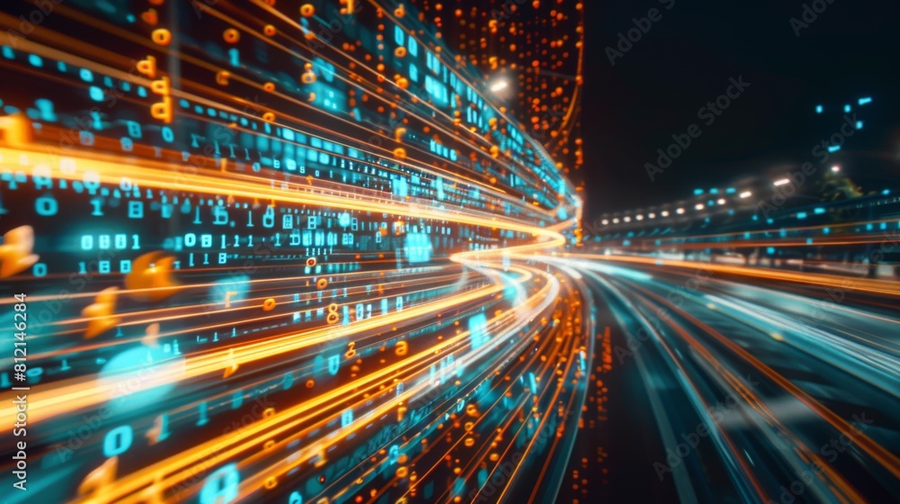 Poster digital data flow on road with motion blur to create vision of fast speed transfer . concept of futu