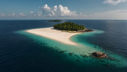 a beach and a little island in the middle of the sea