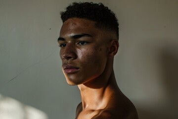 Obraz premium Portrait of a thoughtful young man with shadows and light playing on his face