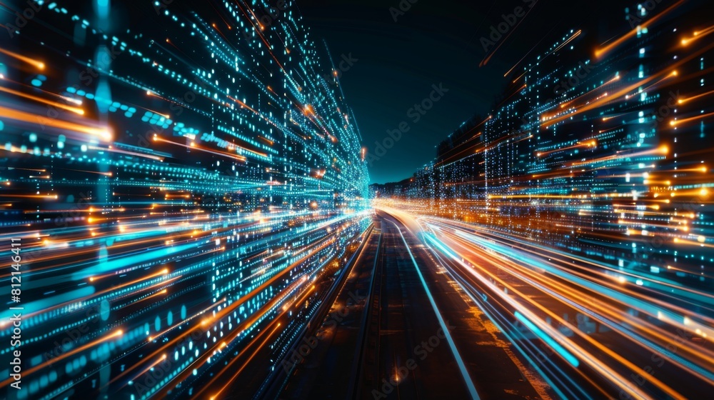 Fototapete Digital data flow on road with motion blur to create vision of fast speed transfer . Concept of future digital transformation , disruptive innovation and agile business methodology .