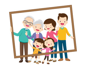 big Family standing together holding large frame
