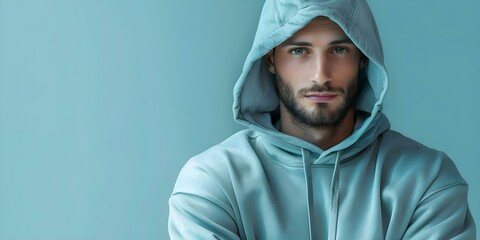 Portrait of stylish man in gray hoodie with space design mockup. Concept Fashion, Mockups, Urban Style, Men's Wear, Photographer's Portfolio - Powered by Adobe