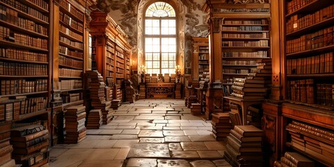 Ancient fantasy library with atmospheric old interior and many books on shelves. Concept Ancient...