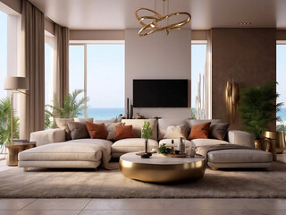 cozy modern bright light living room with sofa, generative ai..