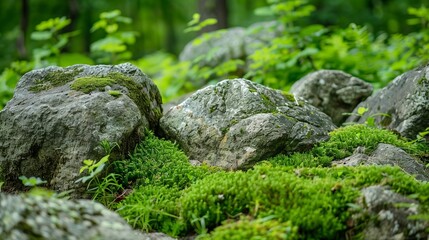 The texture of moss-covered stones in a tranquil forest clearing.