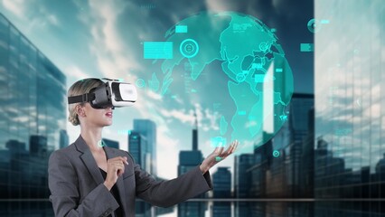 Woman looking finance big data dynamic rotating dynamic world screen by VR future global market...