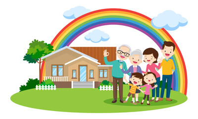 Happy big family in front of house ,rainbow