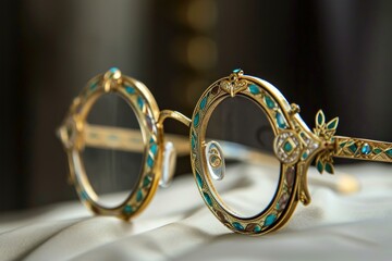 Elegant antique glasses with intricate metalwork and gem details resting on a smooth satin background
