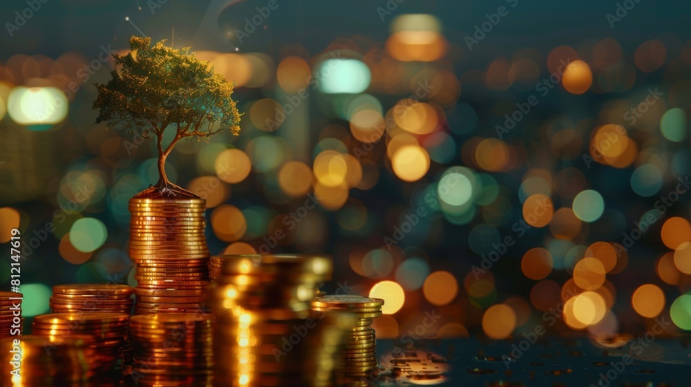 Poster double exposure of golden coins stacks on table with tree growing on top and blur city night backgro