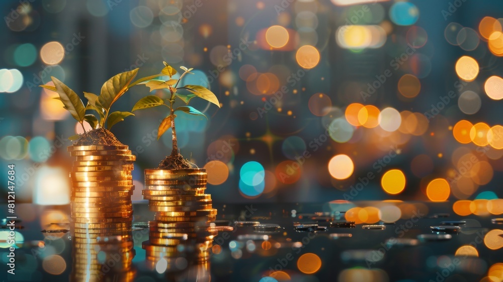 Poster double exposure of golden coins stacks on table with tree growing on top and blur city night backgro