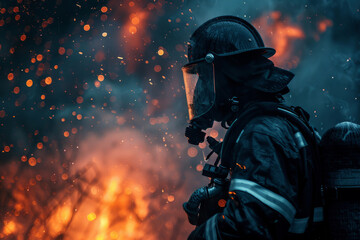fireman in protective clothing extinguishes a fire