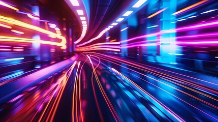 Speeding through a neon lit tunnel feeling the rush of light