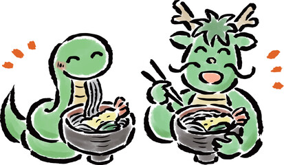 辰年から巳年へ　年越しそばを食べる辰と巳　筆タッチ手描きイラスト