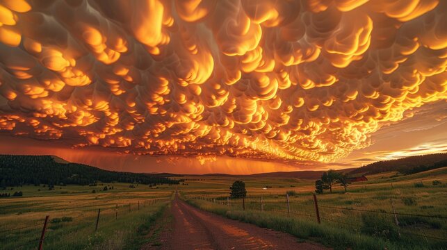 A stunning display of mammatus clouds covering the sky after a storm, with soft golden sunset light filtering through, casting a warm glow on the bulbous formations