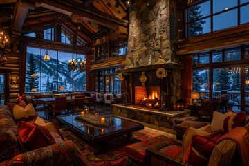 Sophisticated ski lodge with rustic-modern design, centered around a grand fireplace, with plush seating and warm color tones, enhanced by cozy evening light.