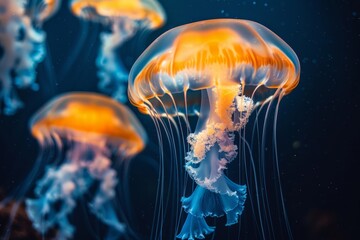 Glowing neon Jellyfish in dark sea water