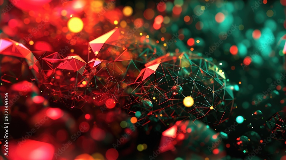 Poster the abstract red green picture of solid shape object forming together to become strong material and 