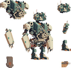 Disassembled robot mech style concept illustration. Indie game design vector graphics.