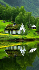 Obraz premium Tranquil scene of traditional norwegian houses with grass roofs reflected in the calm waters of a fjord surrounded by lush greenery