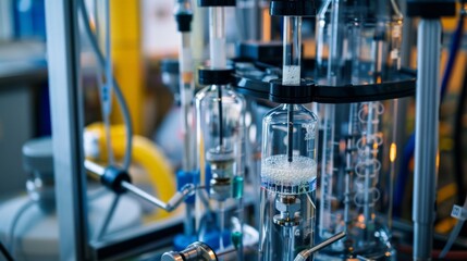 The image shows a chemical reaction in a glass flask. The flask is connected to other pieces of glassware by glass tubing.